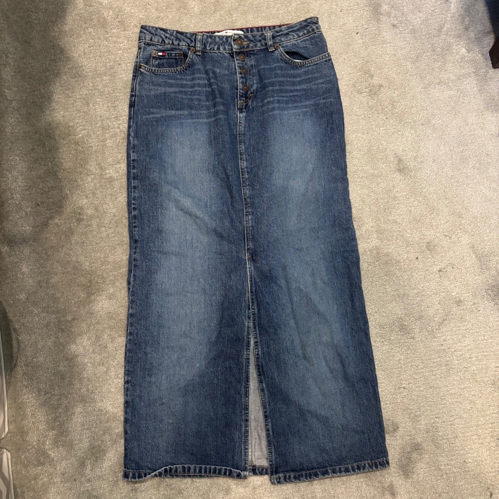 Tommy Hilfiger Jeans Y2K Denim Maxi Skirt Blue Button Fly Long Front Slit Size 8